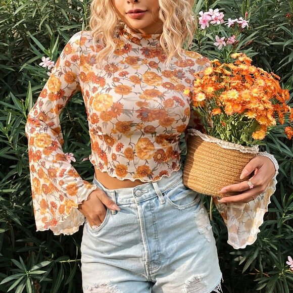 Multicolor Women's Stand Collar Floral Printed Bell Sleeve sheer Top - Picture 6 of 6